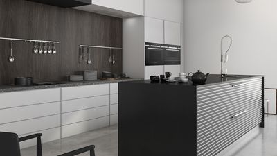 Black and white spacious kitchen with built in appliances