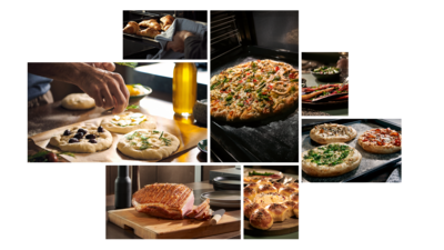 Collage di piatti e preparazioni appena sfornate, tra cui croissant, pizza, verdure, carne e pane fatto in casa.