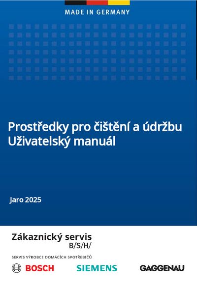 User manual cover titled "Prostředky pro čištění a údržbu" with a blue background, dated Spring 2025, featuring brands Bosch, Siemens, and Gaggenau.