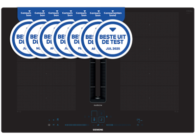 Zwarte inductiekookplaat met meerdere "Best in Test"-awards erboven.