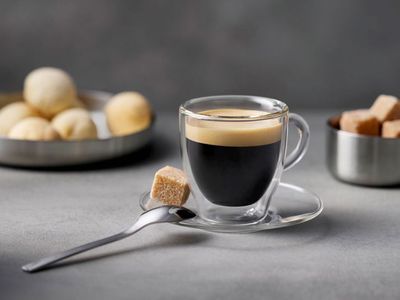 Espresso angerichtet mit braunem Zucker in einer Glastasse