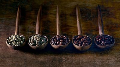 Kaffeebohnen mit unterschiedlichem Röstungsgrad sind in fünf Holzschöpflöffeln auf einem Tisch