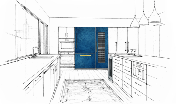 etch-and-sketch of room layout with vuilt-in refrigerators, freezers and columns in solid colors