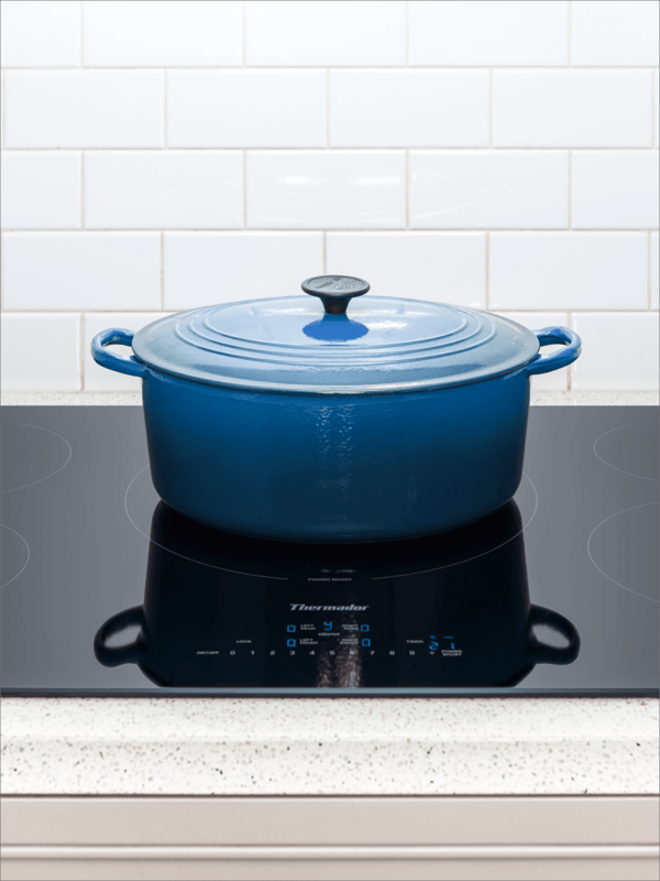 Thermador induction cooktop with blue pot on the center