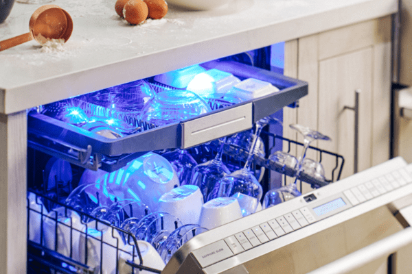 Thermador sapphire dishwasher displaying 3rd rack chef tool drawer