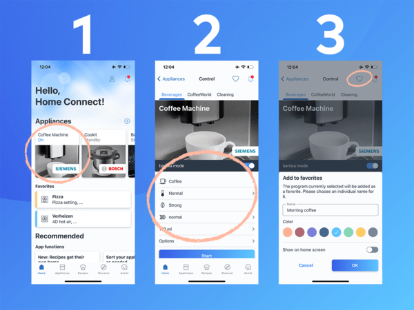 App screens showing 3 steps how to set up favorites.