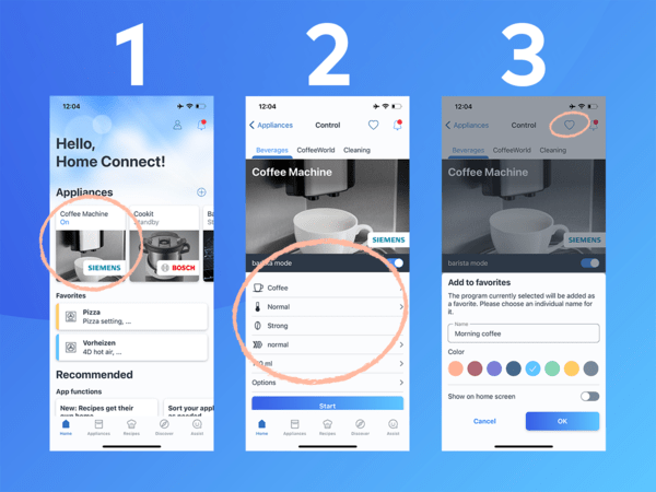App schermen met de 3 stappen voor de instelling van je favorieten.