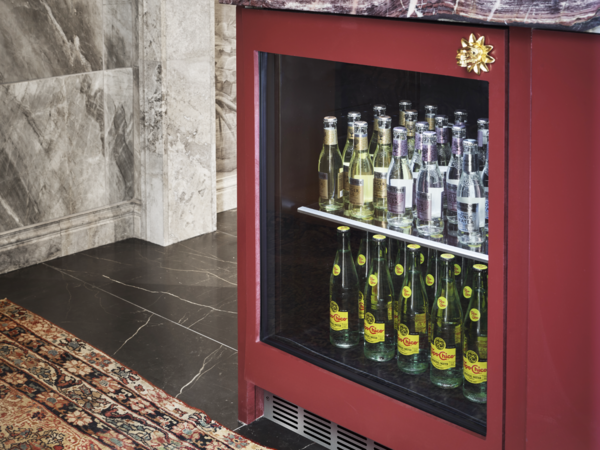 Thermador refrigerator under counter glass door with red custom panel