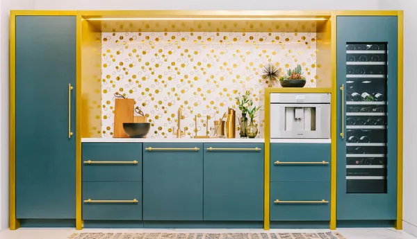 Thermador Irvine Showroom - teal gold kitchen