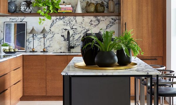 Marble backsplash and wood cabinets