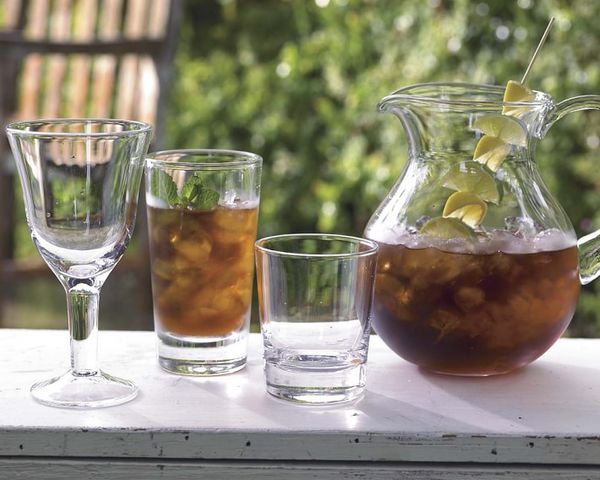Clear glass pitcher with iced tea