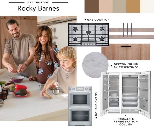 Rocky Barnes Moodboard, Gas Cooktop, Freezer & Refrigeration column, and double ovens