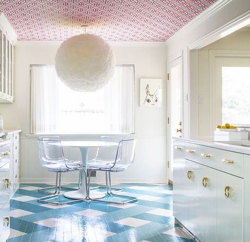 Blue and white diamond painted floor with pink ceiling