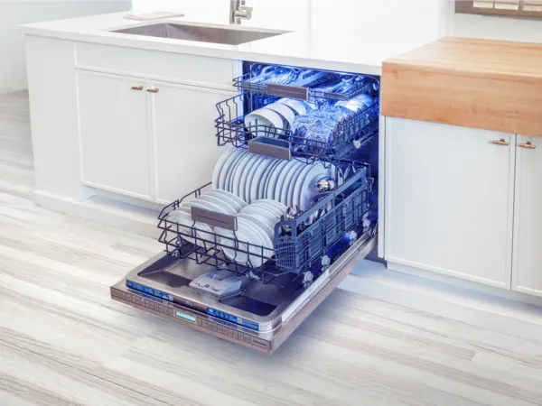 Thermador stainless steel dishwasher open fully loaded