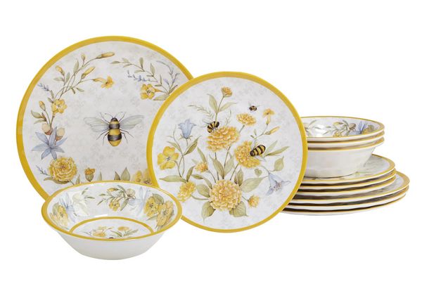 yellow and white bumble bee set of melamine dishes 
