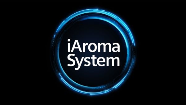 'iAroma System' text in the middle of a luminous blue circle on black background