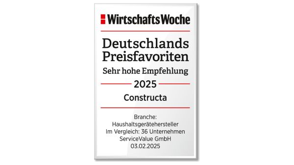 Zertifikat der WirtschaftsWoche, das Constructa als Top-Haushaltsgerätemarke für das Jahr 2025 auszeichnet, mit hohen Empfehlungen.