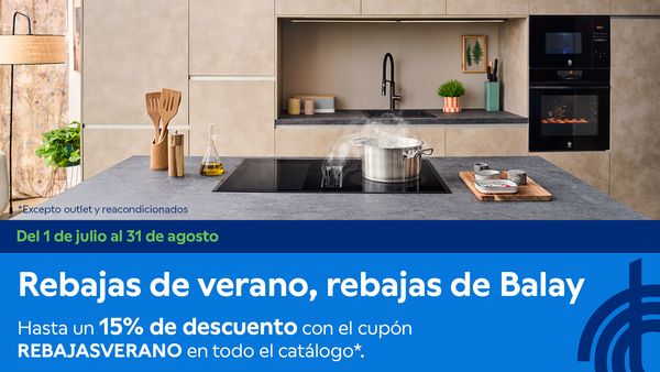 Composición con imagen de spot anunciando rebajas hasta 15% de descuento en todo el catálogo con el cupón REBAJASVERANO.