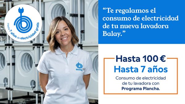 Imagen de empleada Balay con texto “Te regalamos hasta 7 años del consumo de electricidad de tu nueva lavadora con programa plancha, hasta 100€”.