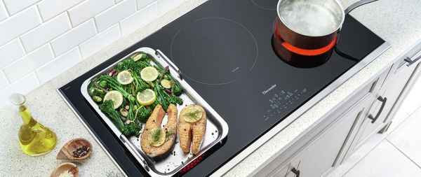 vue des tables de cuisson électriques thermador avec marmite qui bouille et aliments