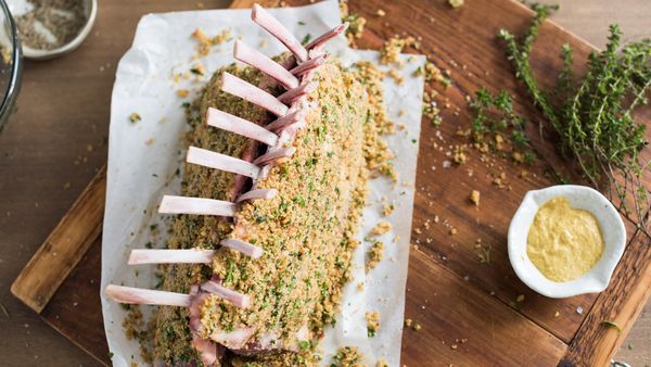 Roasted rack of lamb with parmesan mustard herb crust