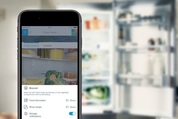 View inside an open Home Connect fridge