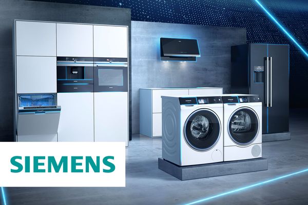 Cozinha Home Connect da Siemens, com máquinas de lavar e secar roupa conectadas