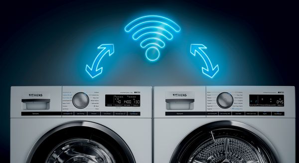 Video startet Info-Video über intelligentDry; Waschmaschine und Trockner von Siemens; Icon für intelligentDry