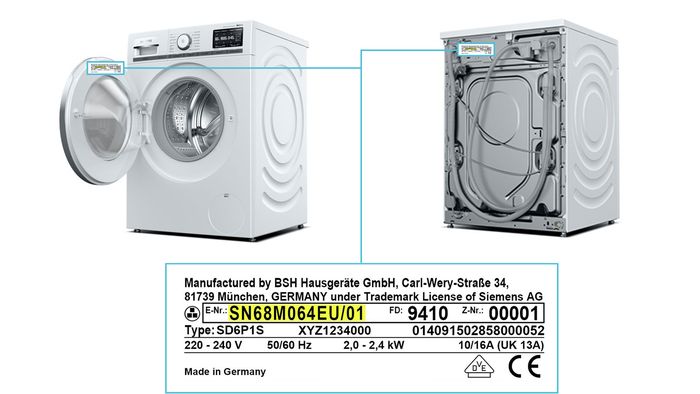 Siemens tvättmaskin – placering av typskylten