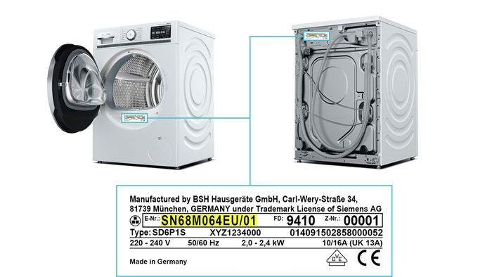 Siemens – Možné umiestnenie typového štítku v závislosti od modelu práčky