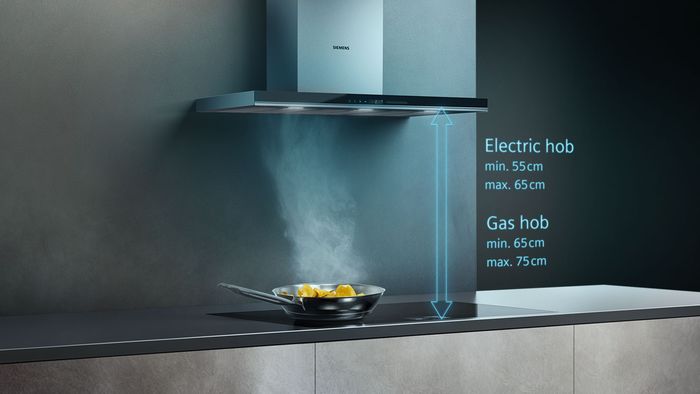 Aménagement de cuisine Siemens : distance entre la hotte de plafond et la surface de cuisson