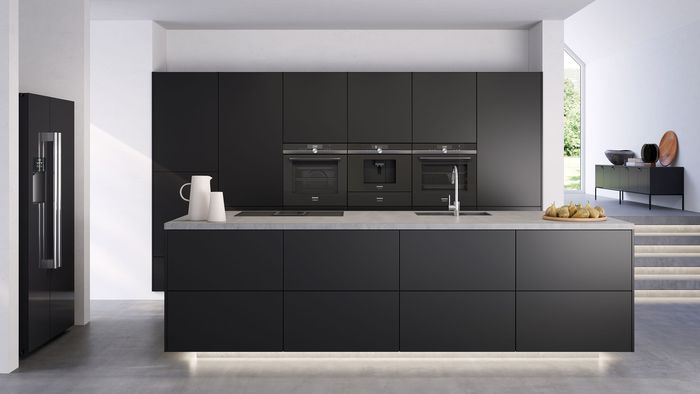 Black and white kitchen with an Island