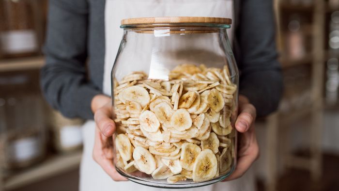 Large jar of banana chips