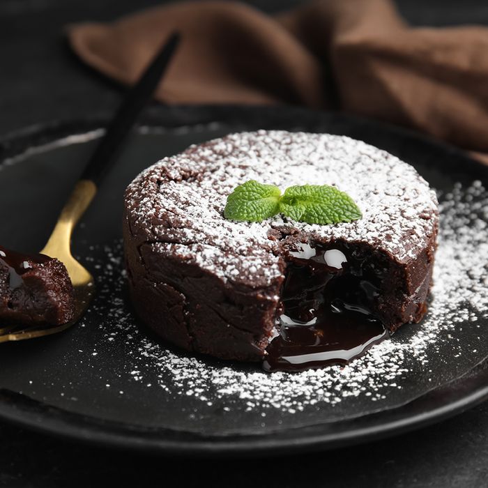 Dark chocolate fondant sliced.