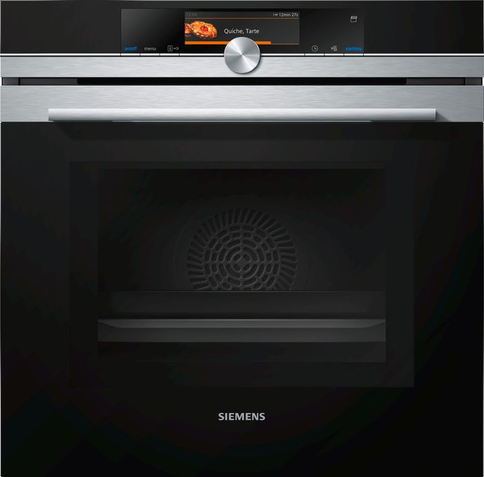 Horno Sleek negro Siemens con pantalla digital y botón de control, mostrando un moderno diseño de ropa de cocina.