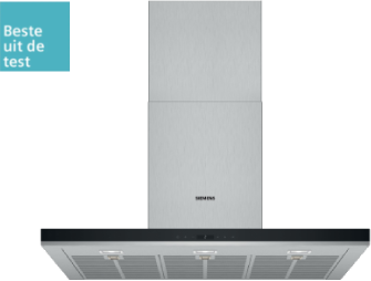 Siemens afzuigkap met roestvrijstalen design en zwarte accenten, voorzien van drie lampjes en een “Best in Test” badge.