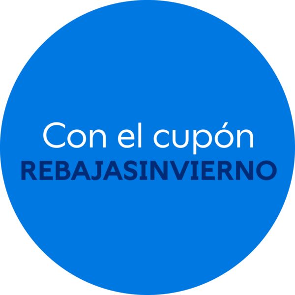 C&iacute;rculo azul con texto anunciando cup&oacute;n REBAJASINVIERNO