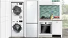 Kitchen appliances including Bosch refrigerator, oven, and stacked washer and dryer.