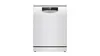 Freestanding white dishwasher with digital display and control panel.