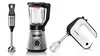 Three Bosch kitchen appliances: a handheld blender, a countertop blender, and an electric hand mixer, showcasing modern design and functionality.