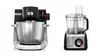 Batteur sur socle Bosch et robot culinaire en acier inoxydable avec boutons de commande.