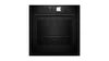 Black built-in smart oven with digital display and dark brown accents on the handle and sides.