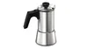 Cafeteira de fogão em aço inoxidável com pega preta e tampa de vidro.