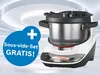 Küchenmaschine mit Kochfunktion auch genannt Cookit und in blauem Kreis mit Text 'Sous-Vide-Set GRATIS!'.