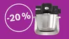 Bosch Küchenmaschine auf violettem Hintergrund. Links steht in einem weißen Kreis „-20 % im Warenkorb“.