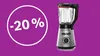 Bosch Standmixer auf violettem Hintergrund. Links steht in einem weißen Kreis „-20 % im Warenkorb“.