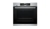 Bosch black built-in oven and induction cooktop with touch controls and digital display.