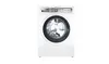 Three Bosch white laundry appliances: a washing machine on the left and two dryers on the right, showcasing sleek designs and digital controls.