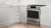 Modern kitchen with a Bosch stainless steel range and oven, set in white cabinetry.