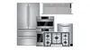 Bosch Stainless steel kitchen appliances including refrigerator, oven, cooktop, and range hood.